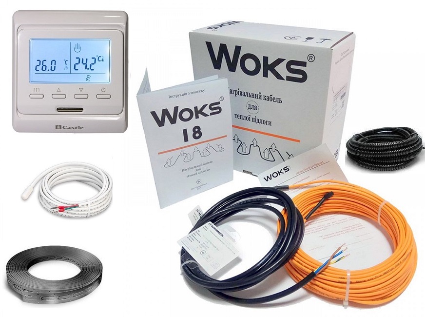 

Тепла підлога нагрівальний двожильний кабель під плитку Woks 18Вт/м 5,6-7,0м2/1020Вт (56м) в комплекті з програмованим терморегулятором та датчиком температури підлоги