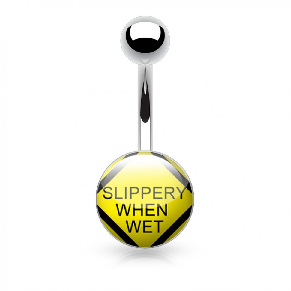 

Пирсинг пупка PiercedFish NS40 c пошлыми надписями (Slippery When Wet)