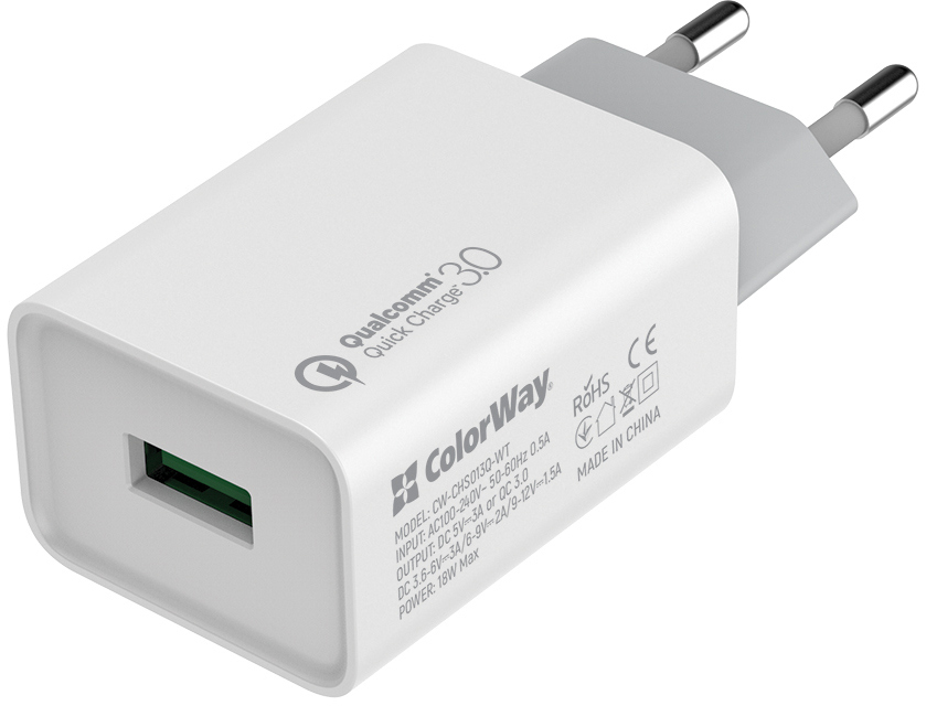 

Сетевое зарядное устройство ColorWay 1 USB Quick Charge 3.0 (18W) White (CW-CHS013Q-WT)