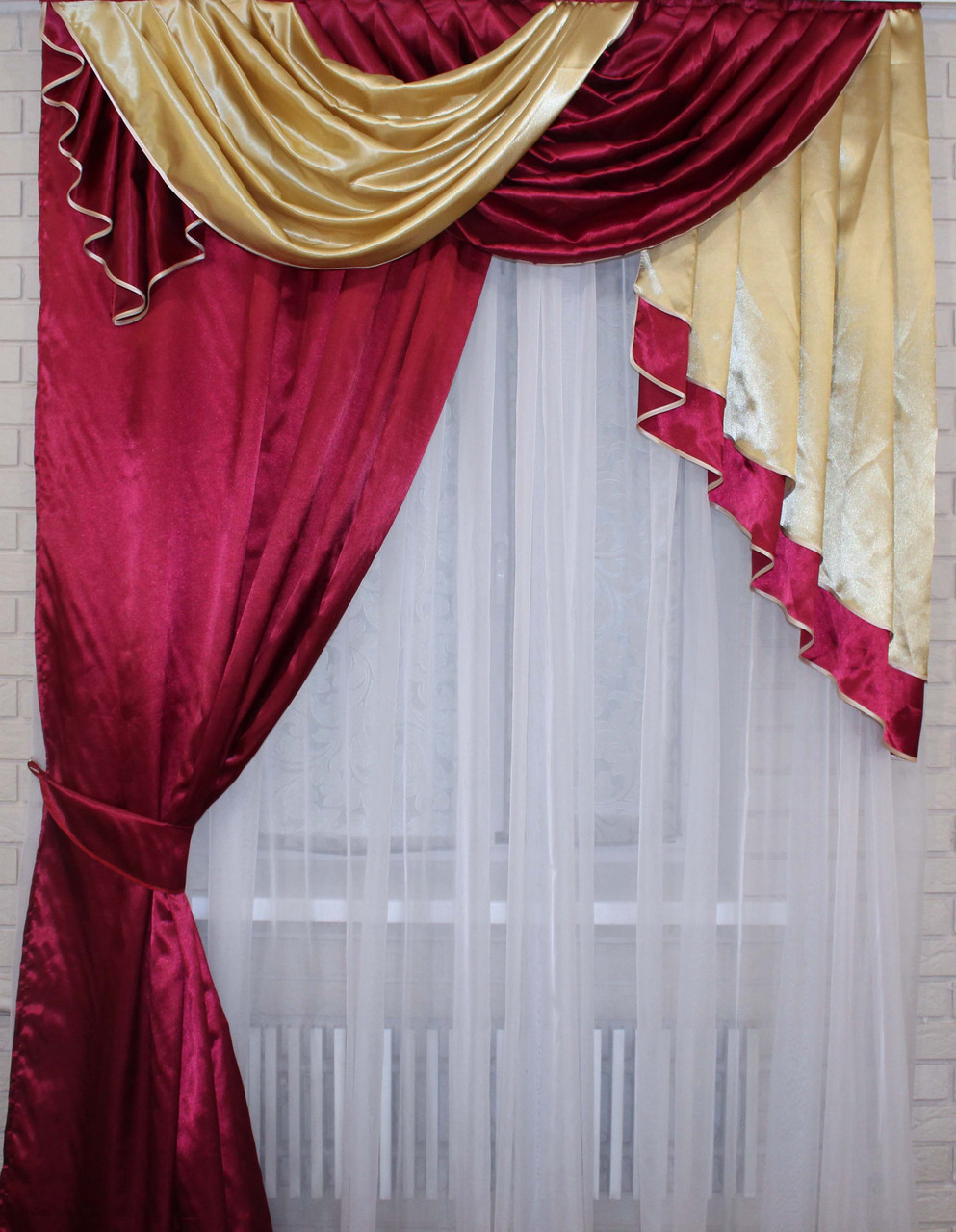 

Ламбрекен на карниз 1.5м. со шторкой. Модель №81 Цвет бордовый с золотистым