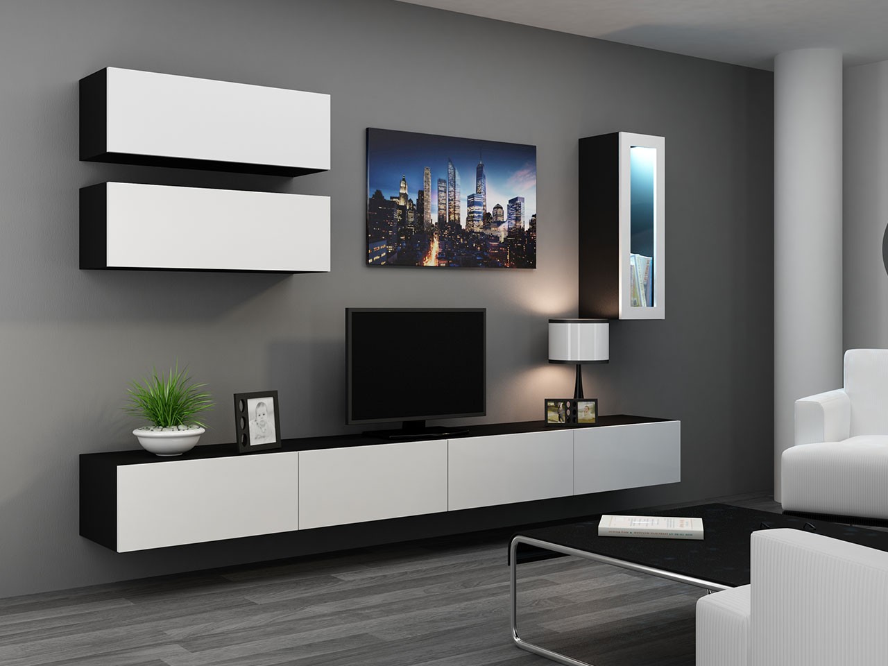 

Гостиная стенка комплект из ламинированной ДСП и стекла Vigo 12 Черный/Белый Сama Польша без подсветки