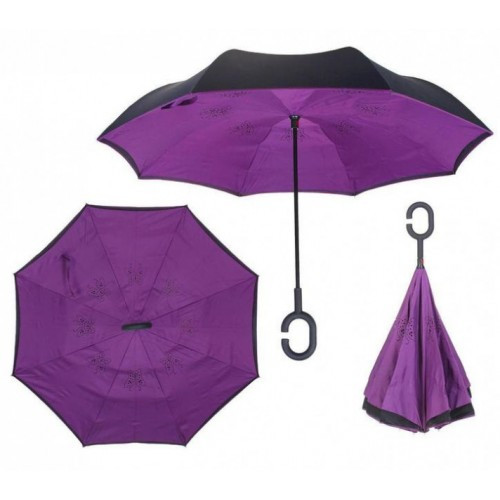 

Зонт наоборот, зонтик парасоля обратного сложения Up-Brella, ветрозащитный умный антизонт черный с фиолетовым