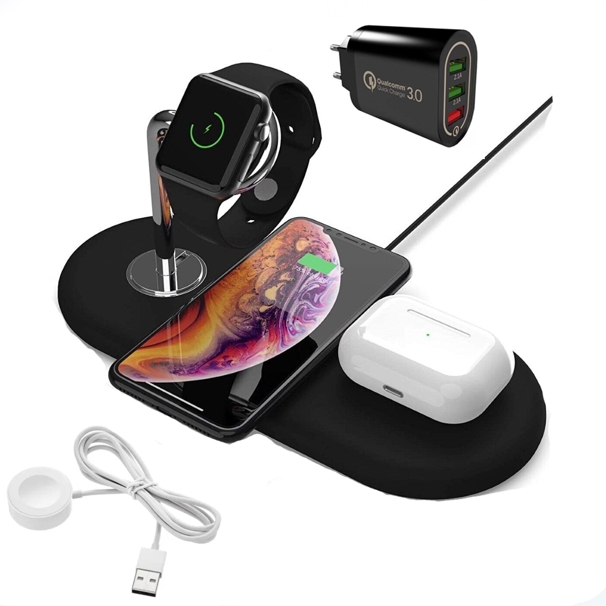 

Беспроводное зарядное устройство 4 в 1 Premium Black + Зарядка для Apple Watch