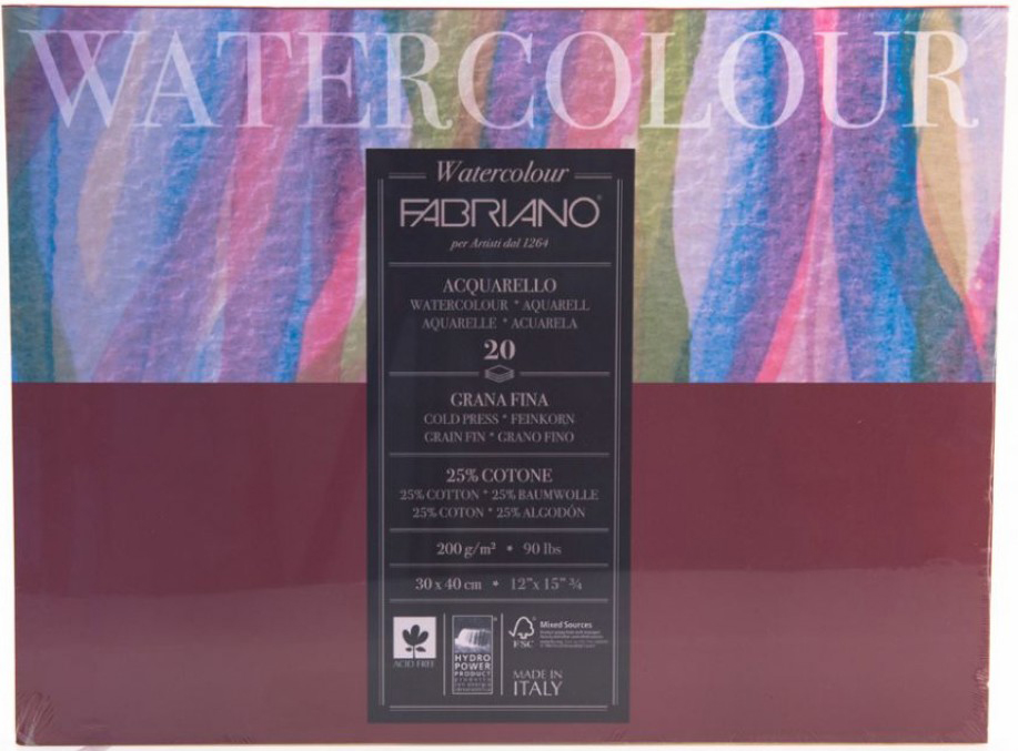 

Склейка для акварели Fabriano Watercolor среднее зерно A3 (30х40см) 200 г/м2 20 листов (72613040)