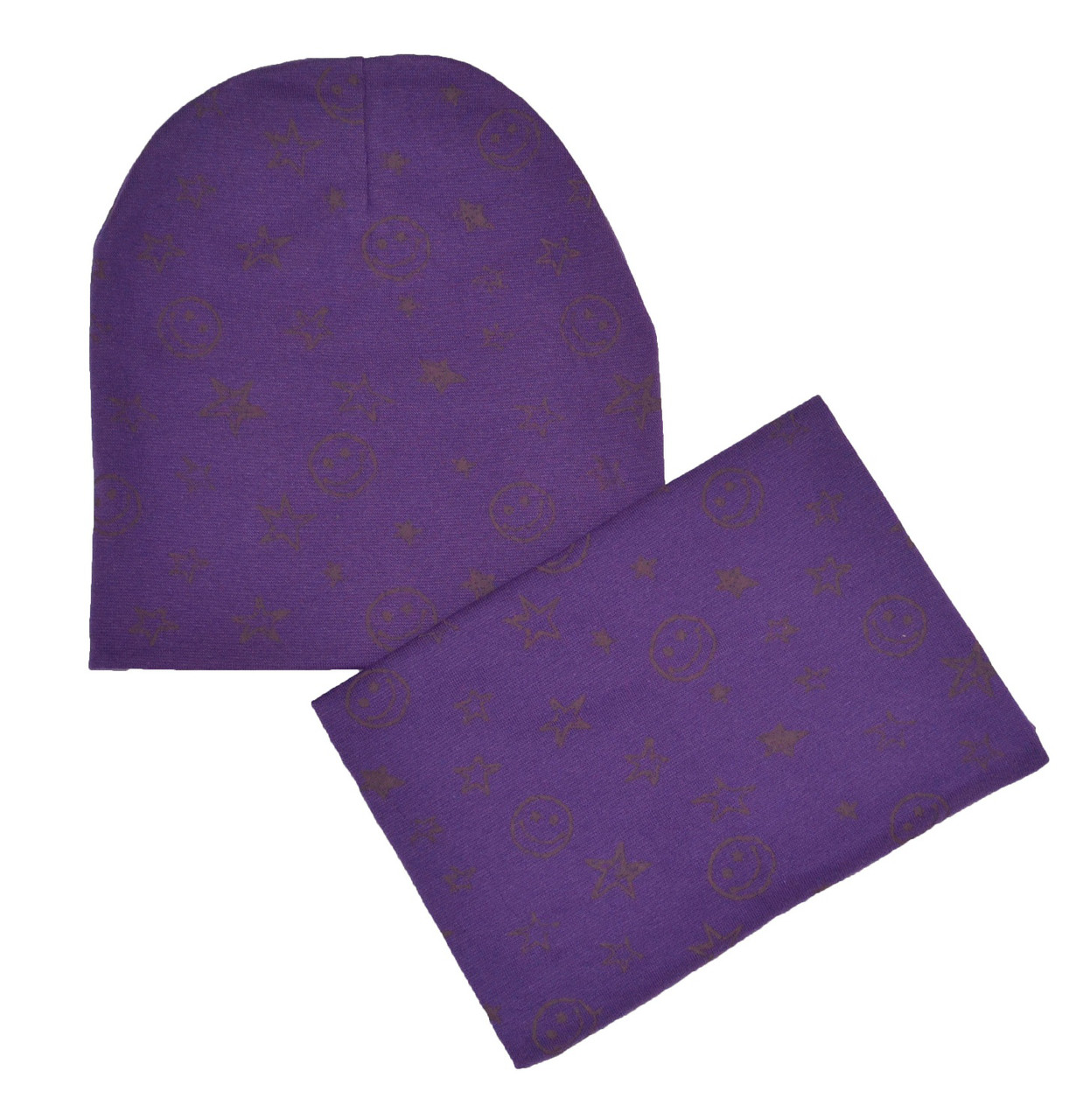

Комплект Sweet Hats шапка детская и снуд для девочки фиолетовый смайлики и звездочки 50 см (НБ-06-04)