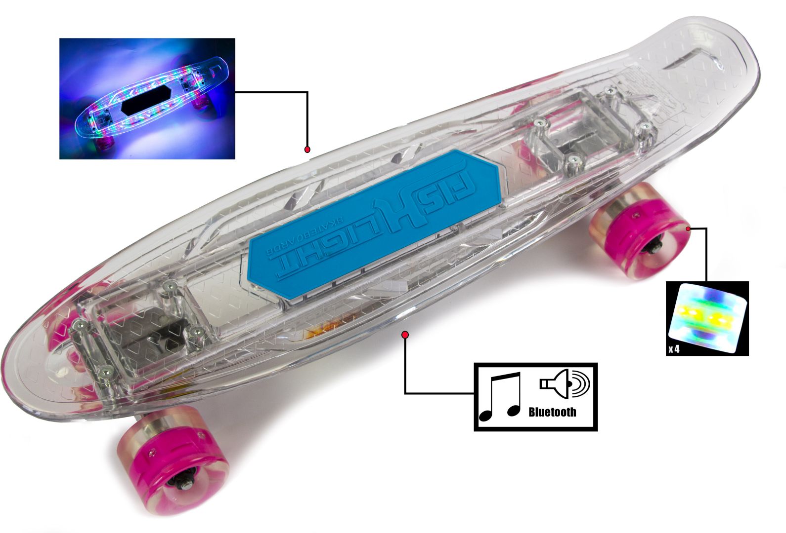 

Пенниборд (Penny Board) с колонкой и подсветкой деки / колес "Fish Skateboard Original" Transparent