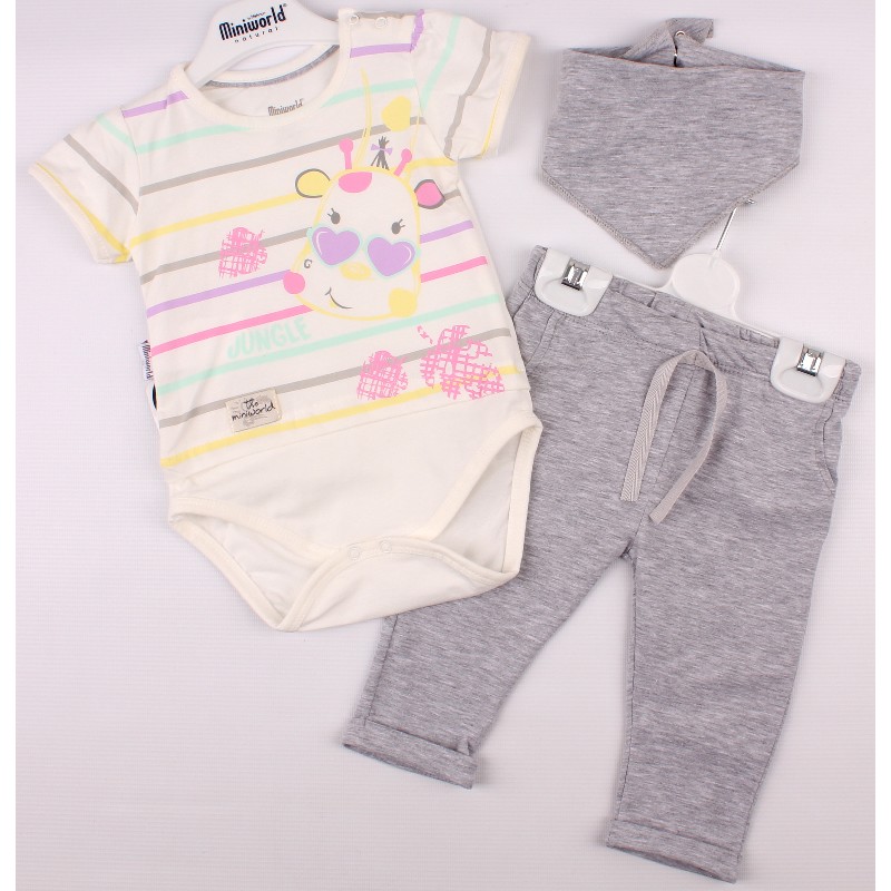 

Боди + Повзуни + Слинявчик для девочки MINIWORLD 14354 86 см м-серый