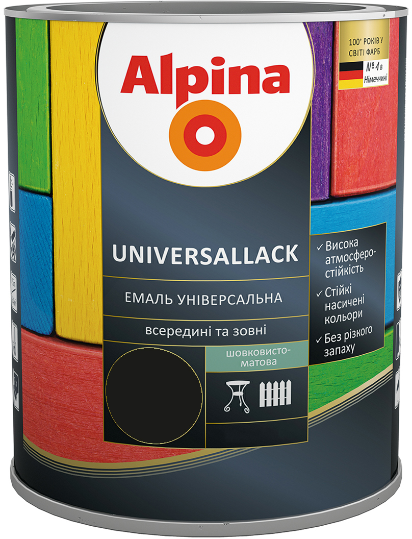 

Эмаль Alpina Universallack Шелковисто-матовая 0.75 л Черная (948103762)