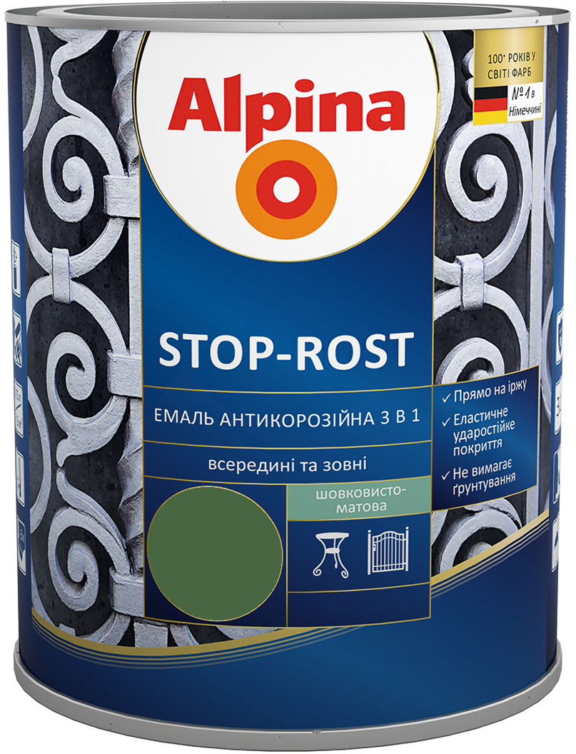 

Эмаль Alpina Stop-Rost 3 в 1 Ral 6002 Шелковисто-матовая 2.5 л Зеленая (948103640)