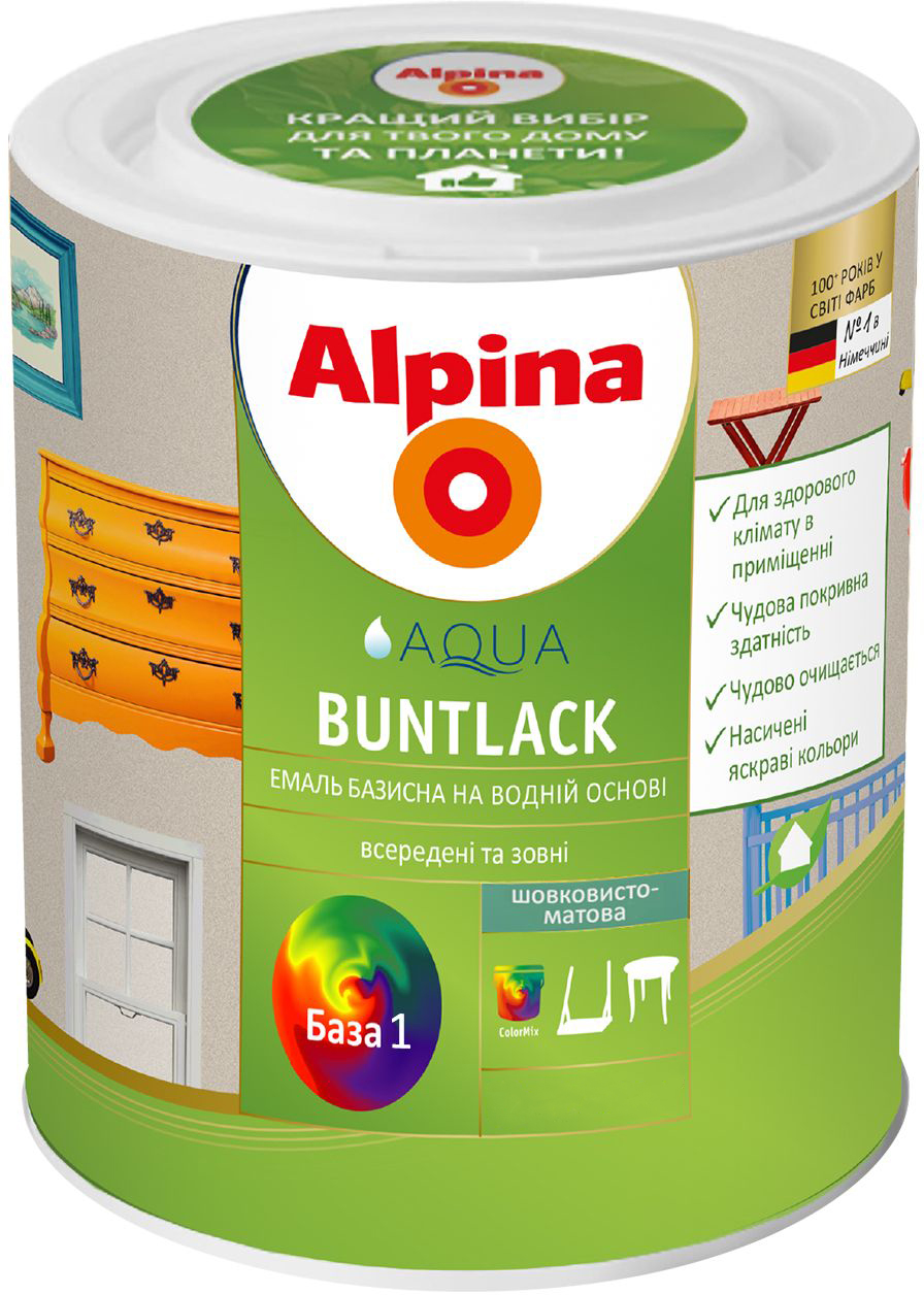 

Эмаль Alpina Aqua Buntlack Sm B1 Шелковисто-матовая 2.5 л Белая (910886)