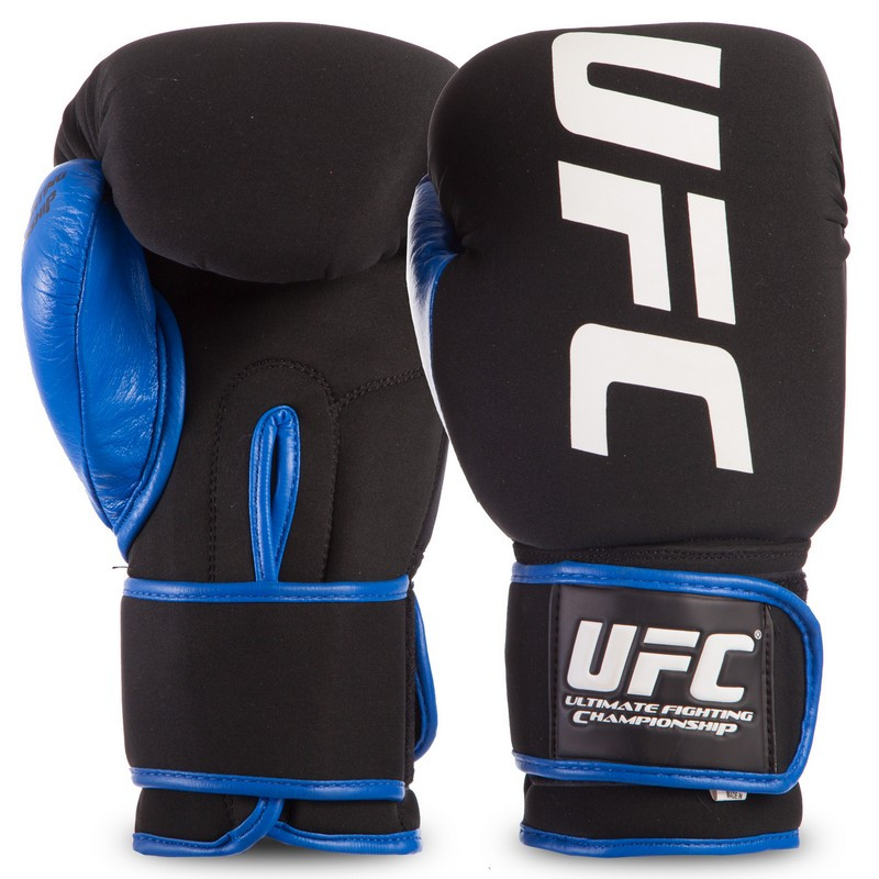 

Боксерские перчатки для тренировок UFC На липучке Полиуретан Неопрен 017 Черный-синий (СПО UFC) 10 унций