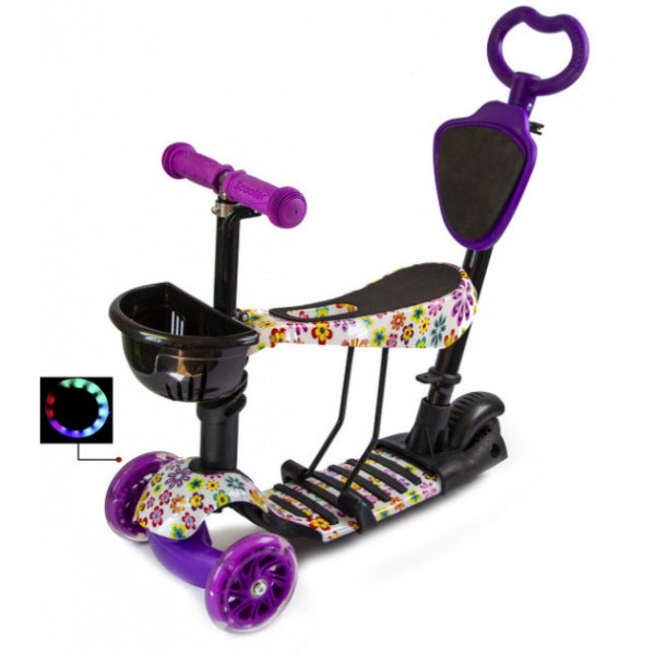

Самокат Scooter 5 в 1 с рисунком Фиолетовый Цветочек + родительская ручка