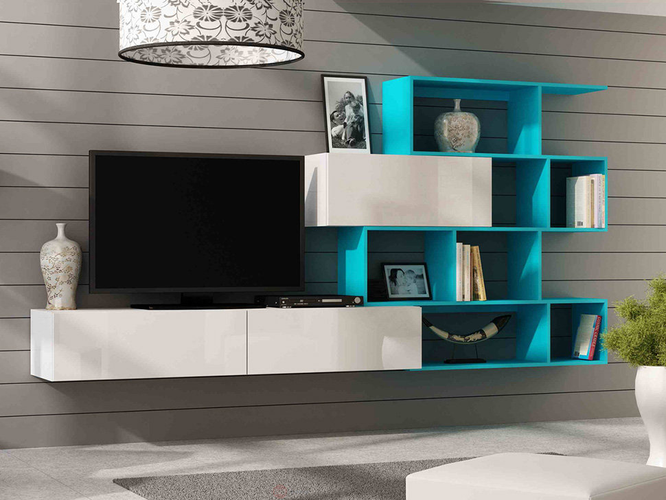 

Гостиная стенка комплект из ламинированной ДСП Vigo 16 Белый/Голубой Сama Польша без подсветки