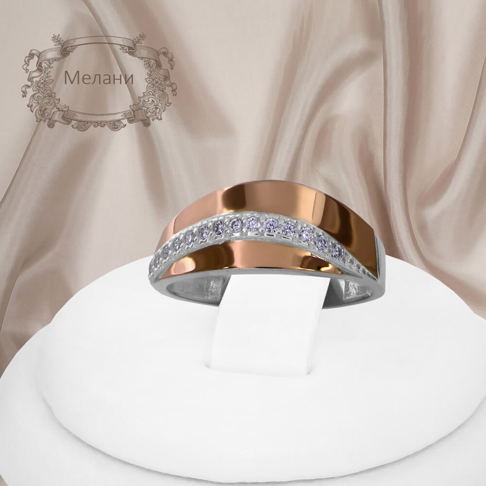 

Женское кольцо из серебра 925 пробы с золотыми пластинами 375 пробы и белыми фианитами "Мелани" 17 размер