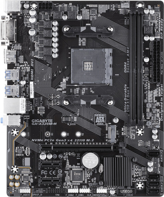 

Материнская плата AM4 (A320) Gigabyte GA-A320M-H, A320, 2xDDR4, DVI/HDMI, mATX