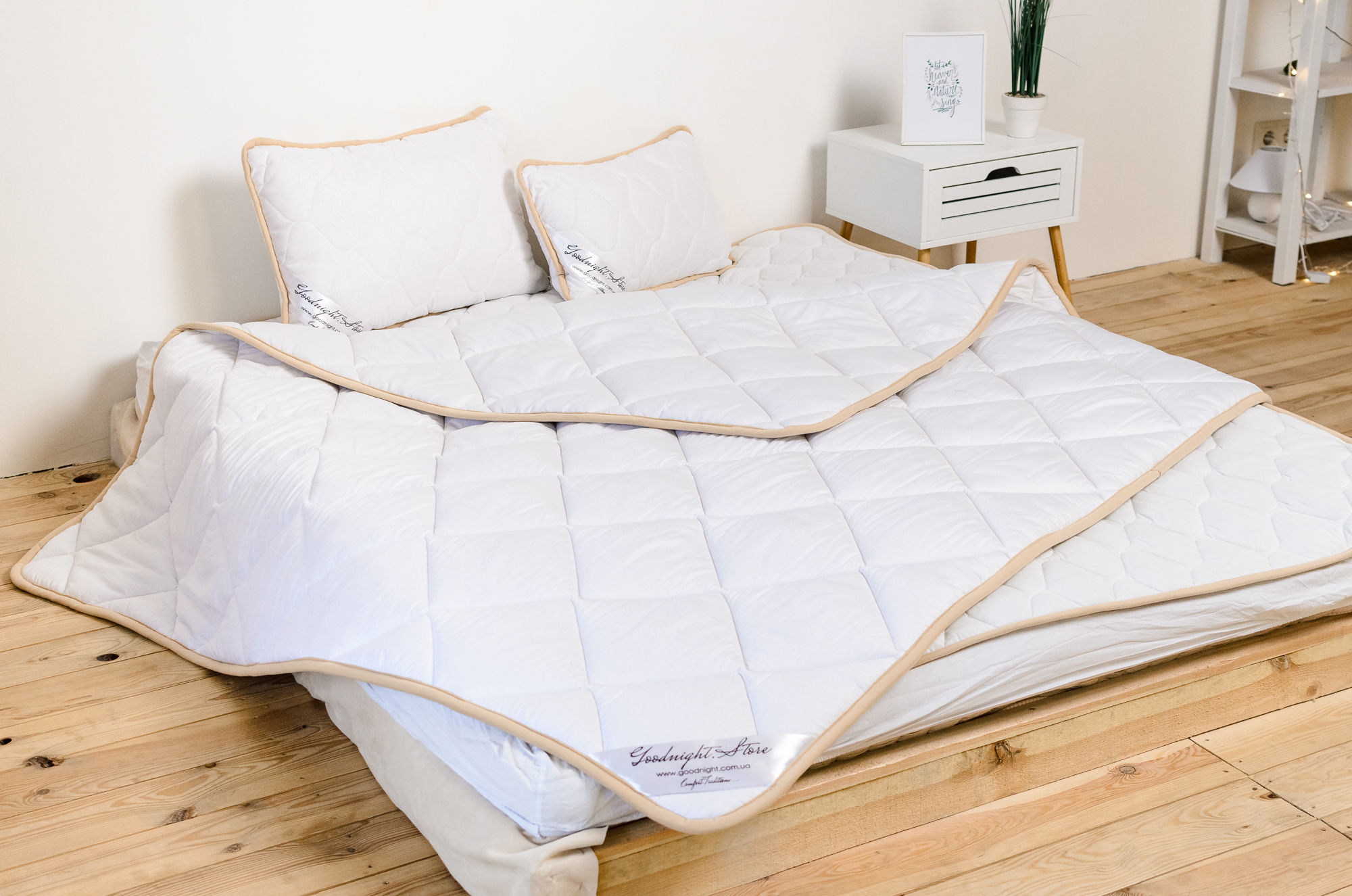 

Комплект двоспальний 2 в 1 Goodnight.Store (Standart, Ковдра 180х200 + Подушка 40х60 2 шт) з овечої вовни Мериносу всесезонний білий
