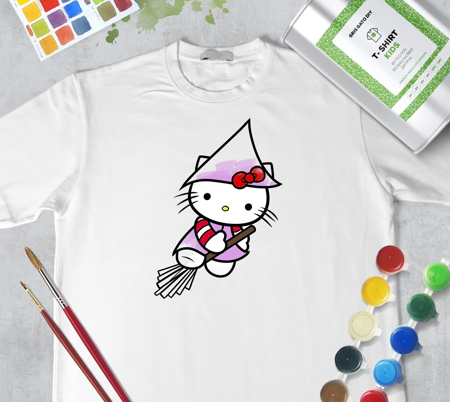 

Набор для рисования для девочек "Хеллоуин Хелло Китти*Halloween Hello Kitty" Футболка-раскраска белая (+краски и 2 кисточки) WallZoo 116 см 5-6 лет