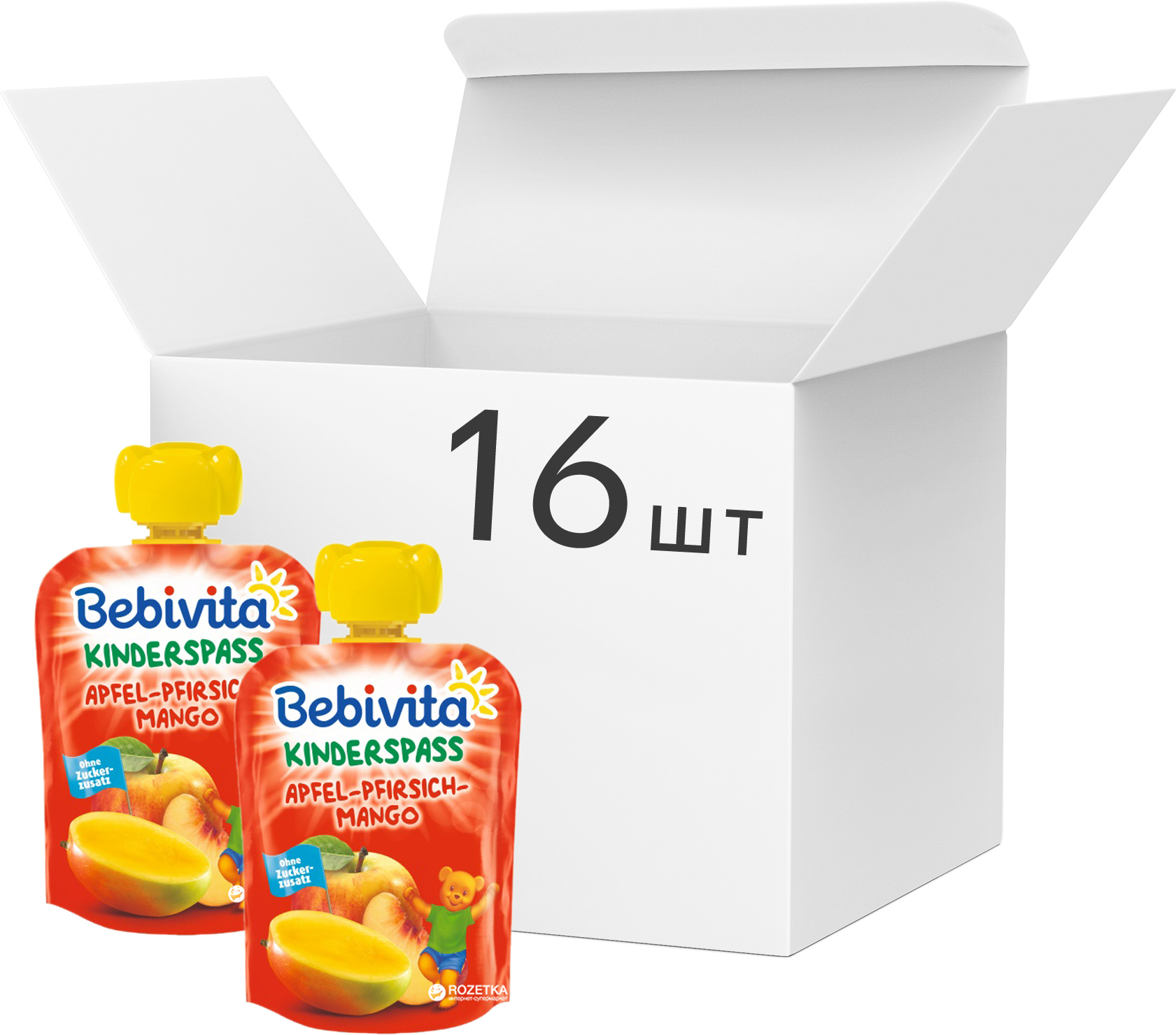 Акція на Упаковка фруктового пюре Bebivita Яблоко-персик-манго с 12 месяцев 90 г х 16 шт (4018852017349_4018852021346) від Rozetka UA