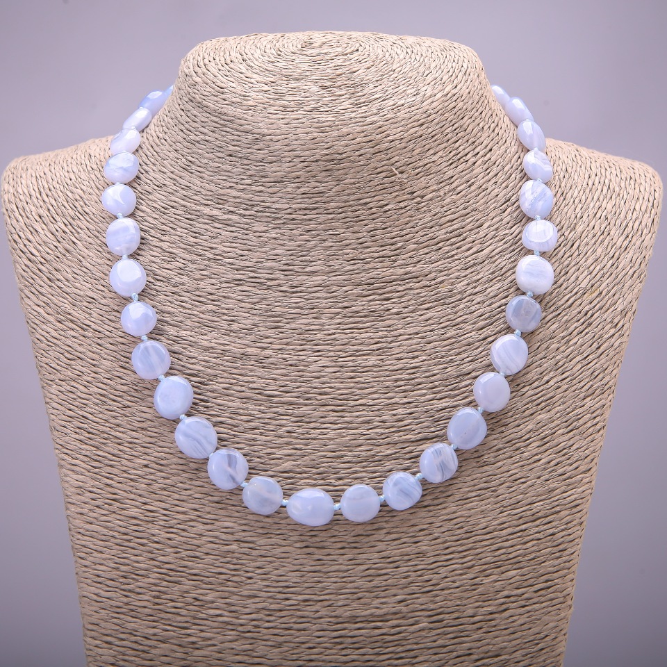 

Бусы из натурального камня Голубой Агат галтовка, диаметр 10х14(+-)мм, длина 45см, ida38331