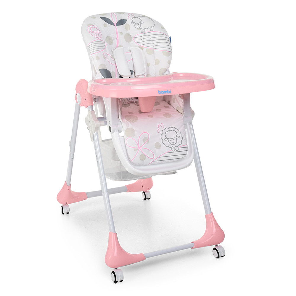 

Стульчик для кормления на колесах Bambi M 3233 Lamb Light Pink ,5 точечные ремни, выдвижной столик (M 3233)