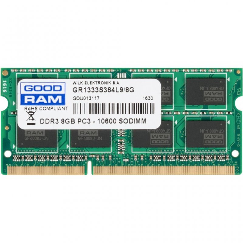 

Модуль памяти для ноутбука SoDIMM DDR3 8GB 1333 MHz GOODRAM (GR1333S364L9/8G)