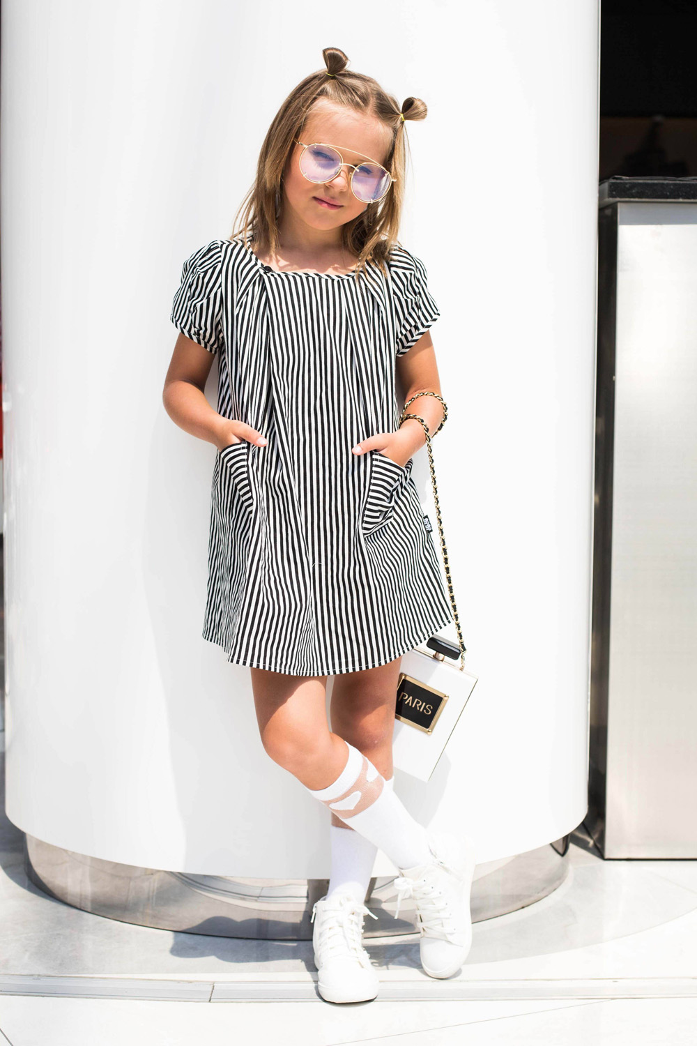 

Платье ч/б полоска трапеция спереди два кармана JO JO черный/белый рост 120