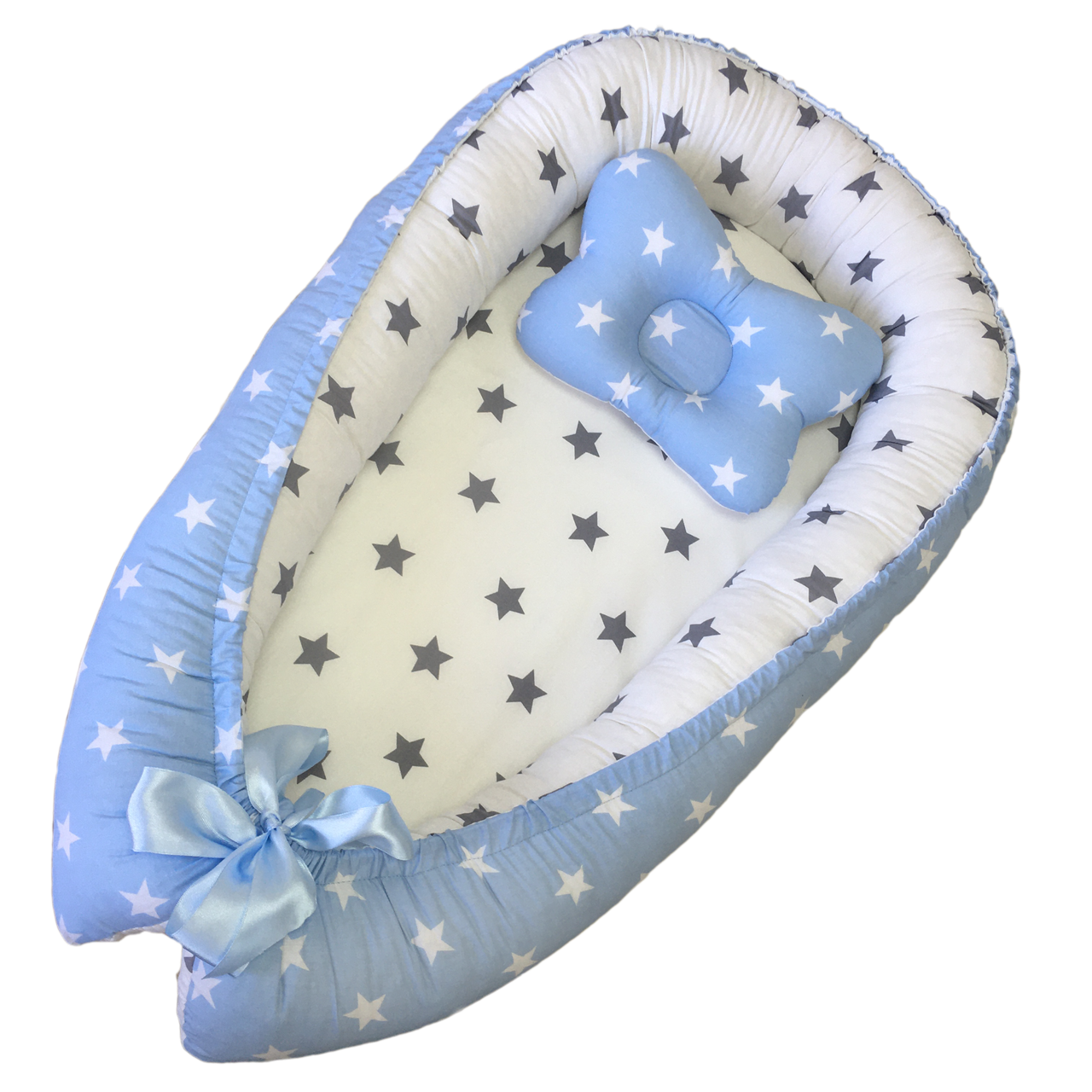 

Кокон гнездышко позиционер для малыша Сладкий Сон с кокосовым матрасиком и подушкой "Звезды" Голубой