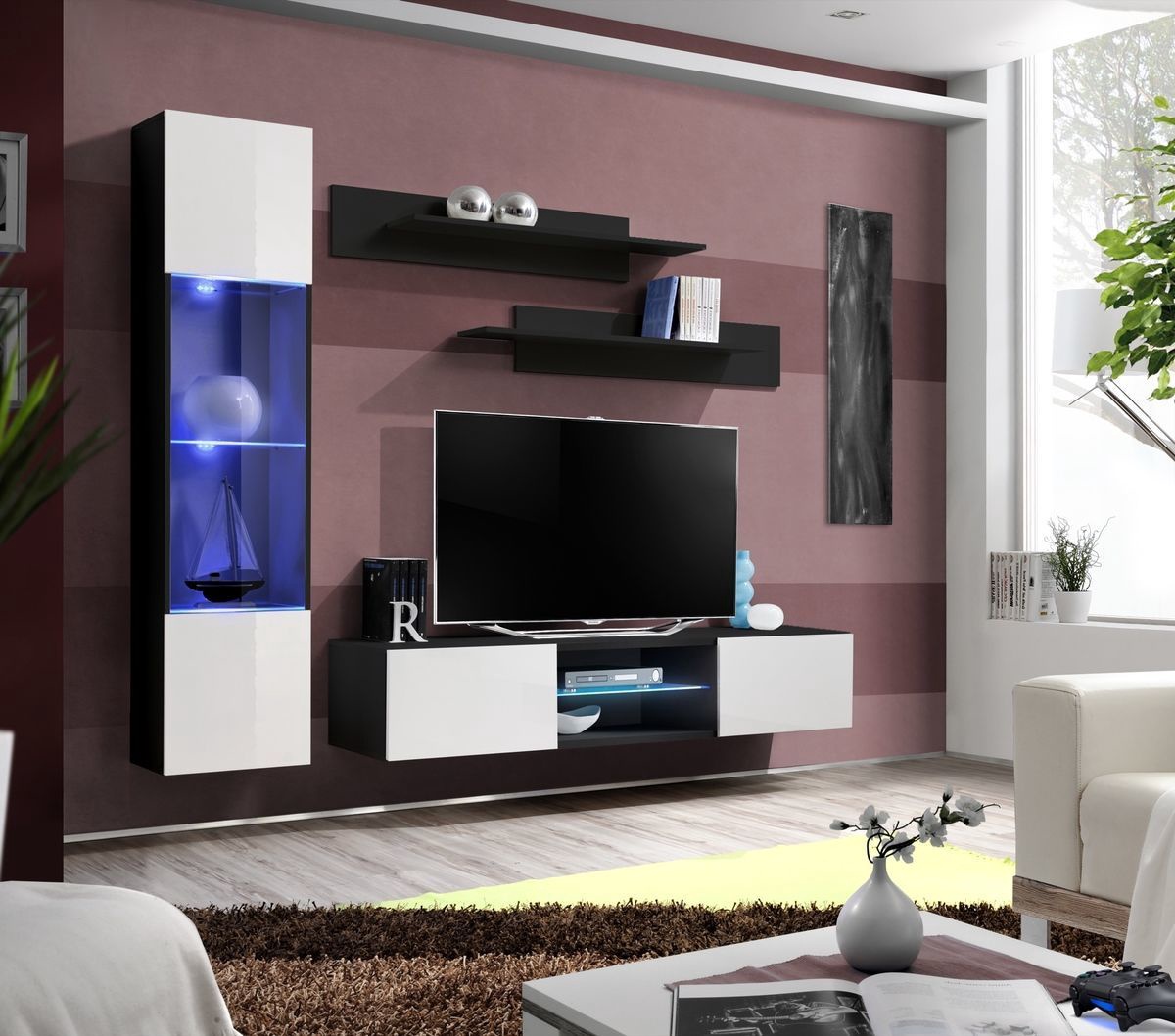

Гостиная комплект стенка из ДСП и МДФ и стекла Fly R3 ASM Meble Черный/Белый