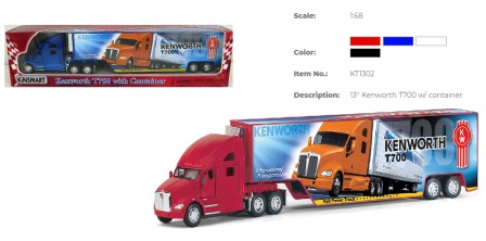 

Модель трейлер 13" KT1302W KENWORTH T700 WITH CONTAINER метал.инерц.откр.дв.и прицеп1:68кор.ш.к./48/ (KT1302W)