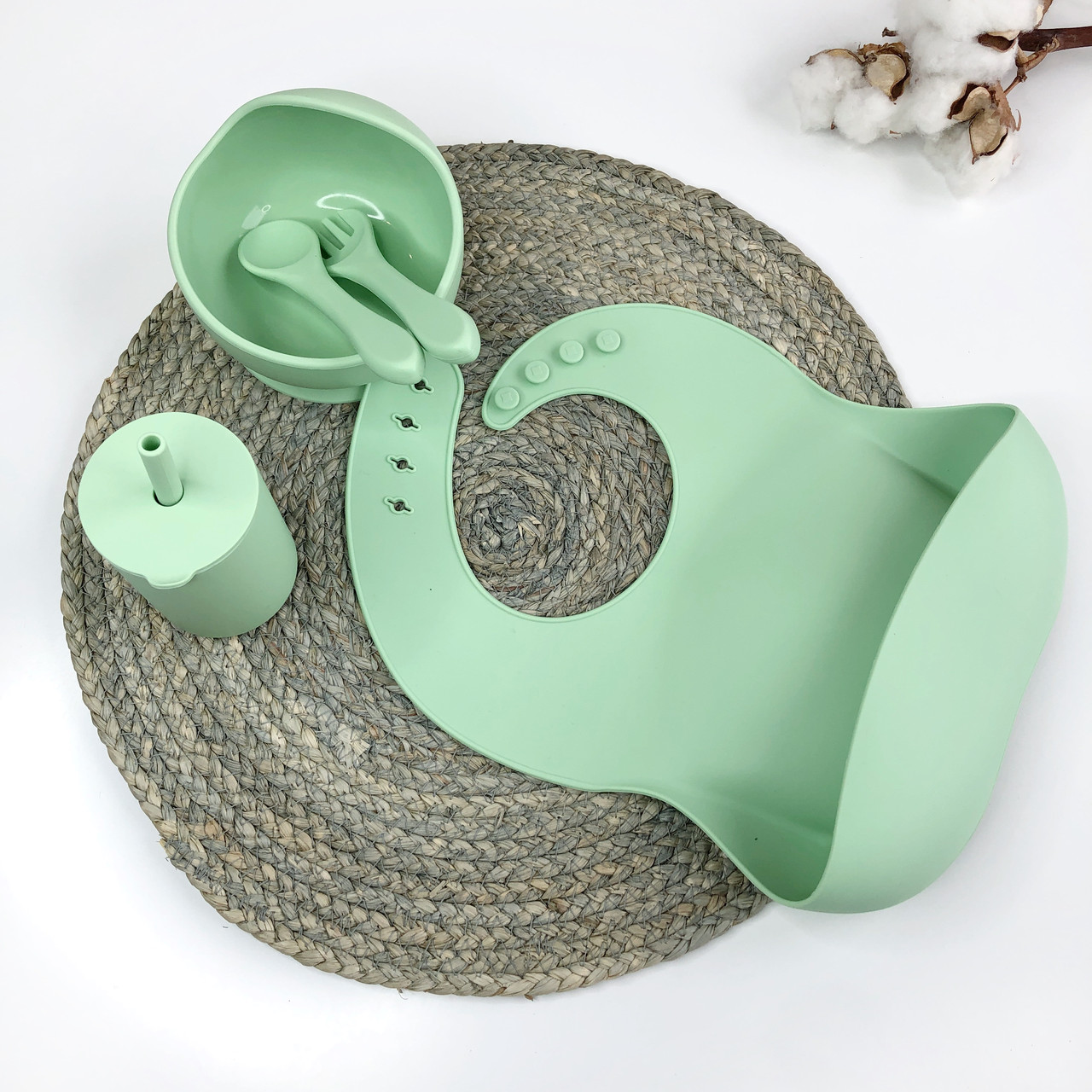 

Силиконовая посуда набор для прикорма Gornyatko 5 шт тарелка ложка вилка поильник слюнявчик