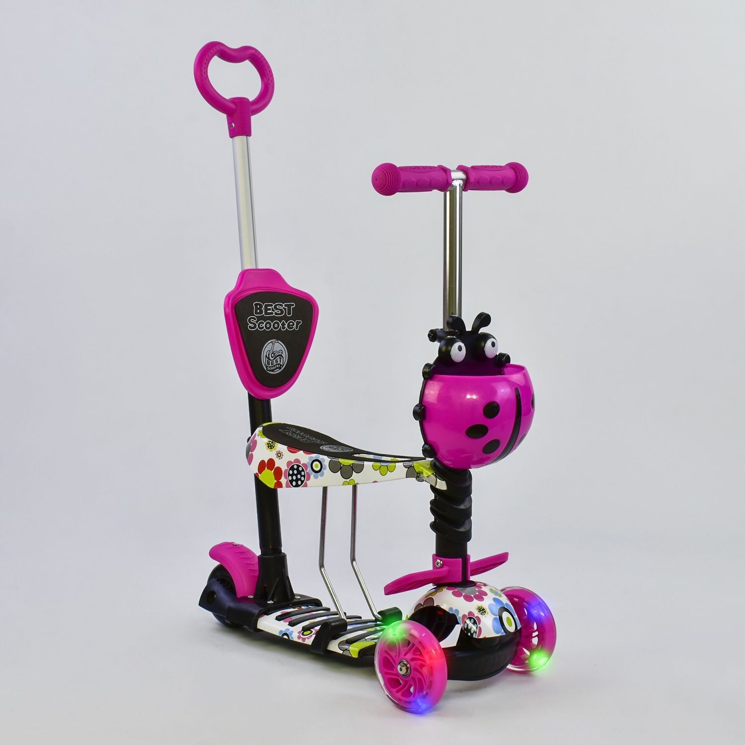 

Самокат трехколесный Best Scooter 74230 Колеса полиуретан Светятся Родительская ручка Розовый