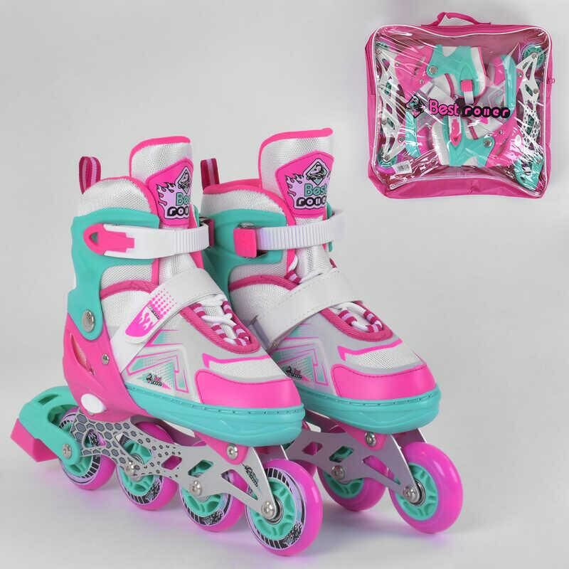 

Роликовые коньки раздвижные Best Rollers 4611-M Размер 34-37 Колеса полиуретан с подсветкой Сумка Розово-бирюзовый