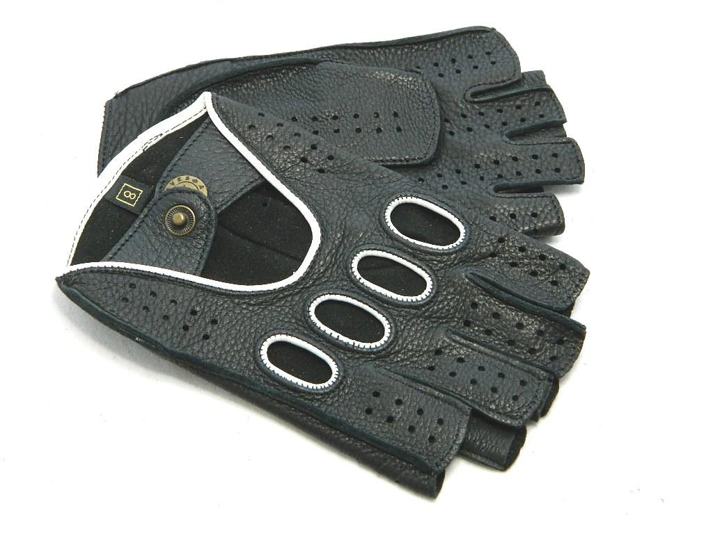 

Перчатки мужские автомобильные митенки Alpa Gloves кожа оленя черного цвета с белым кантом 7006-15 размер 9