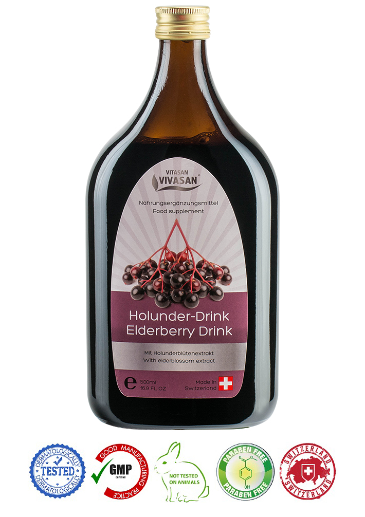 

Натуральный швейцарский антиоксидантный Напиток Бузина черная/Elderberry VIVASAN Original 500 мл GMP Sertified