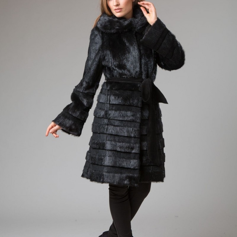 

Шуба из меха нутрии Miss Lora Юбка-Волан с капюшоном One Size Черная (9699)