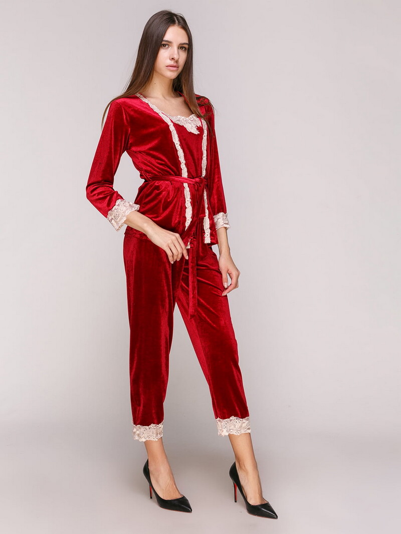 

Пижамный костюм из бархата с кружевом, тройка XXL бордовый (8061)