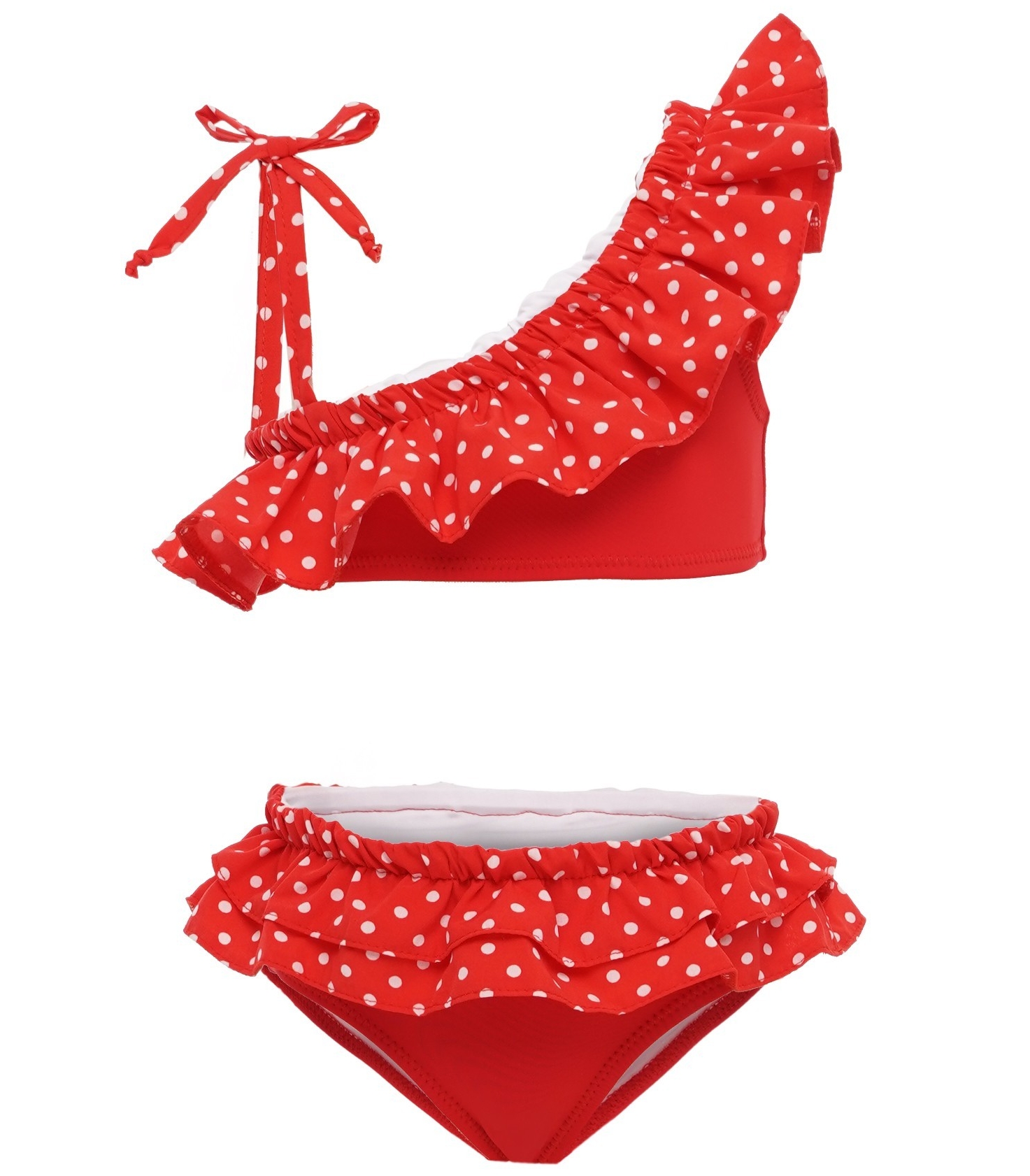 

Раздельный купальник BabyLadySwim K631 134 см Красный с рюшками в белый горох