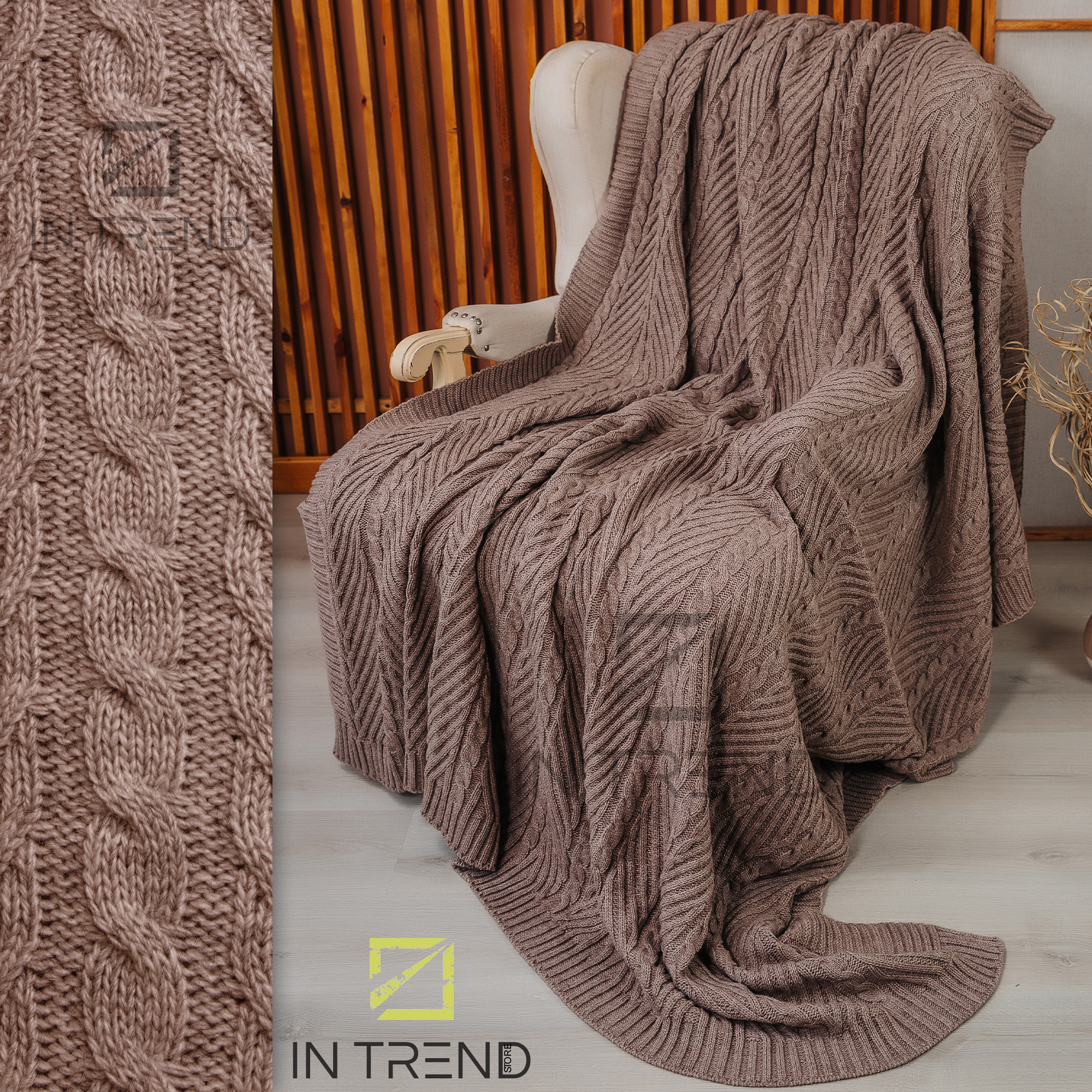 

Плед покрывало Amore 210х220 см вязаный двусторонний мягкий на двуспальную кровать диван кресло из шерсти – Качественное одеяло косичка с плотной вязки, Светло-коричневый