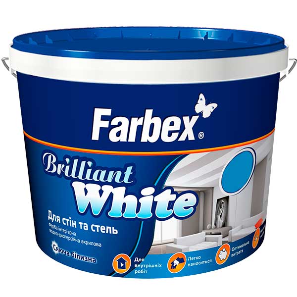 

Фарба для стін та стель білосніжна водно-дисперсійна акрилова «Brilliant White» Farbex - 20 кг, білий матовий