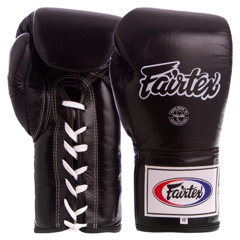 

Перчатки боксерские кожаные на шнуровке FAIRTEX чёрные, Размер 16oz