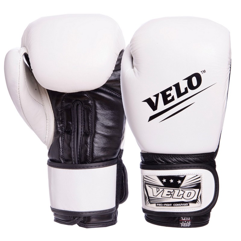 

Перчатки боксерские кожаные на липучке VELO (бело-чёрные), Размер 12oz