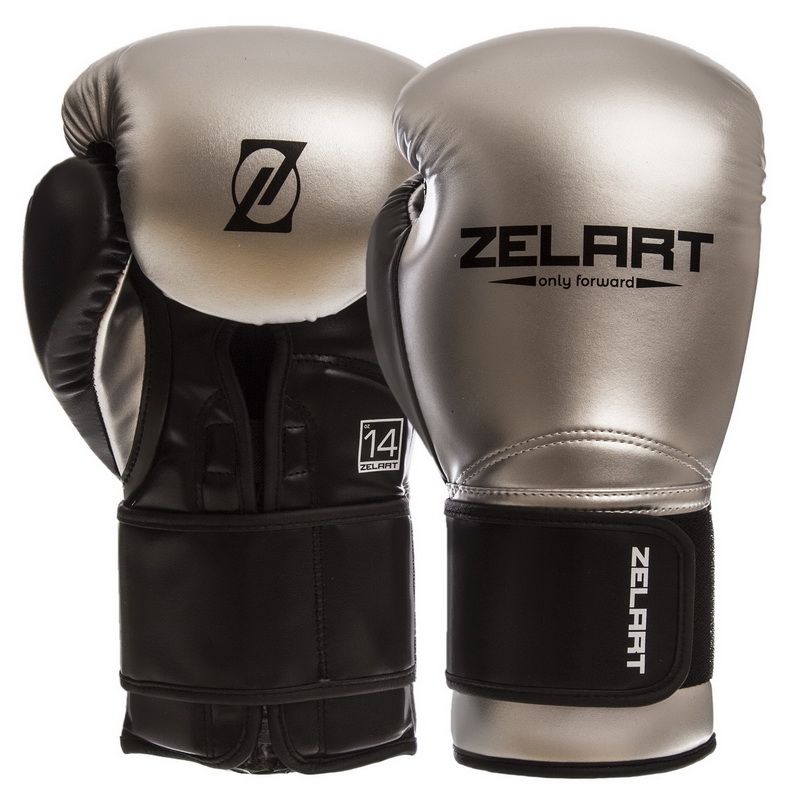 

Перчатки боксерские PU на липучке ZELART серебряные-чёрные, Размер 14oz