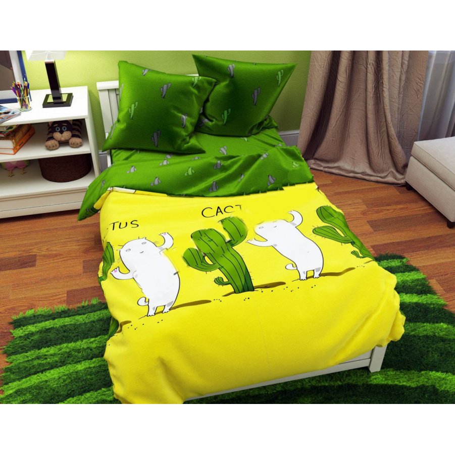 

Евро постельное белье Бязь Gold - Кот и кактус на зеленом