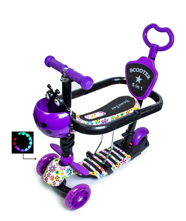 

Детский самокат Scooter Божья коровка 5 в 1 Violet Flowers с бортиком и родительской ручкой