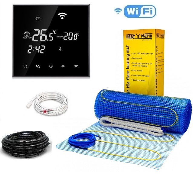 

Тепла підлога Grand Meyer EcoNG 150 двожильний мат 1350 Вт 9 м² з сенсорним терморегулятором WI-FI Black в комплекті