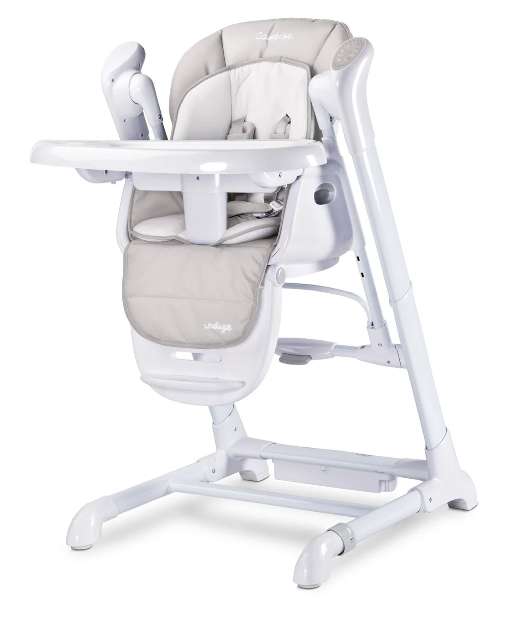 

Стульчик для кормления + качели 2 в 1 Caretero Indigo Light Grey с регулировкой по высоте 6 позиций + таймер и дуга с игрушками