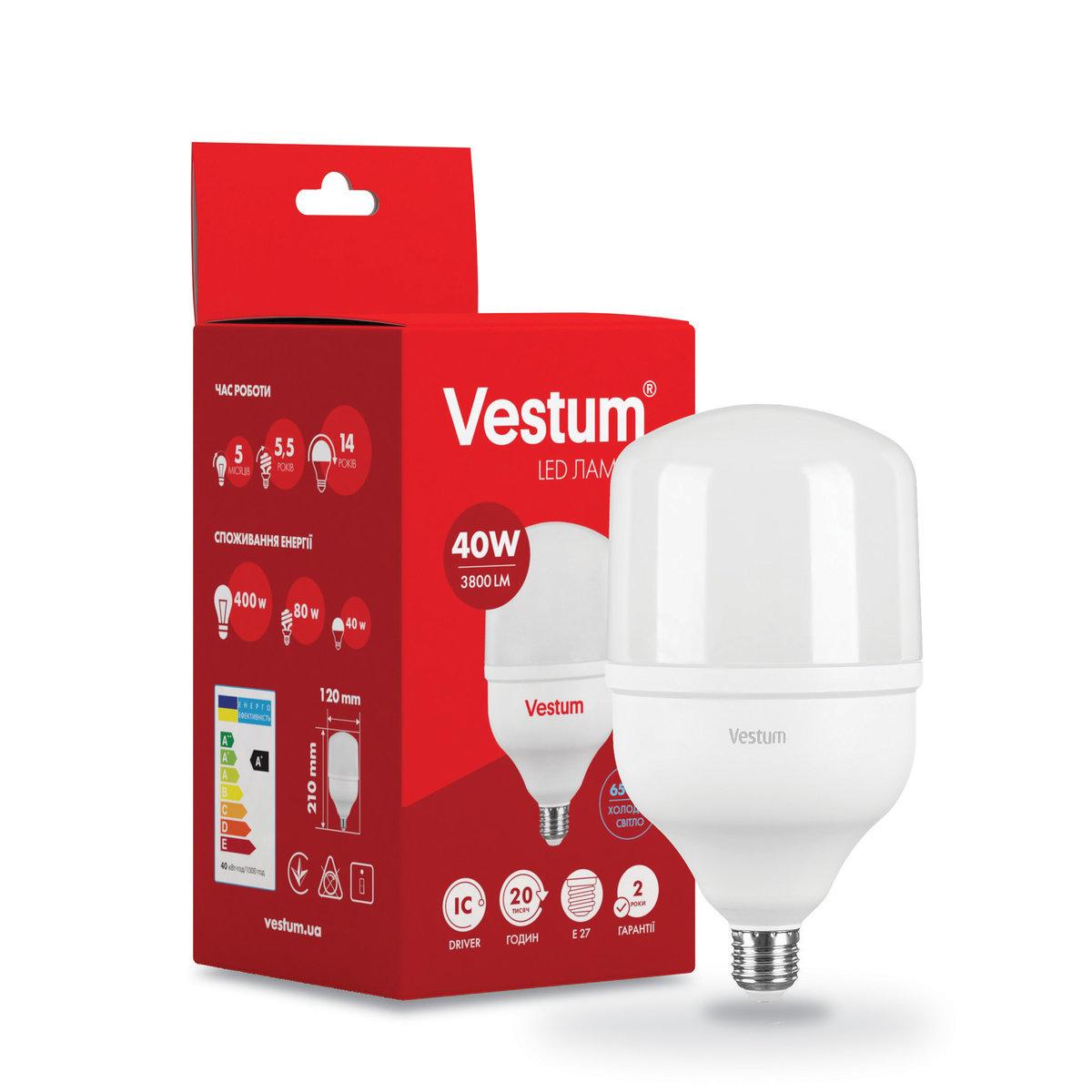 

Лампа светодиодная Vestum LED высокомощная T120 40W 6500K 220V E27