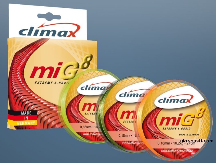

Шнур CLIMAX MIG8 BRAID 135 m 0.18 18.20kg, (УП 1 ШТ) fiuo-yellow SB (желтый) NEW2017!!! (шт.) (100507)