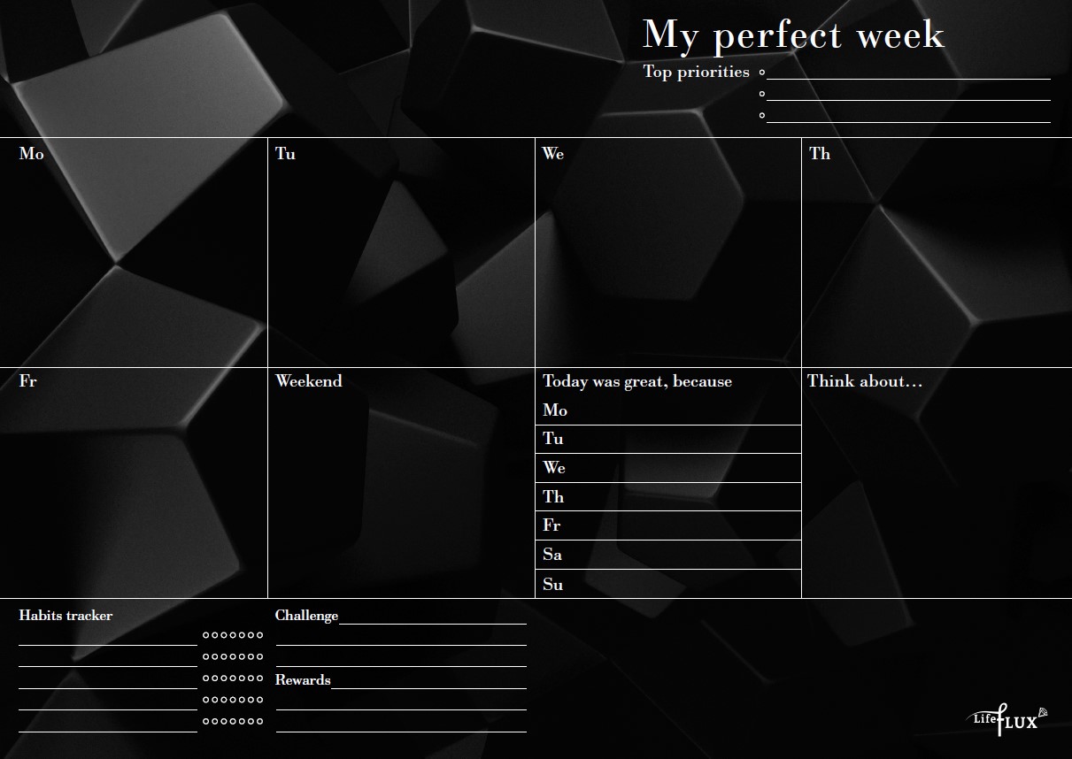 

Еженедельник планер My perfect week На Чёрном Стиле LifeFLUX А4 52 листа Чёрный (LFWEEPBL005)