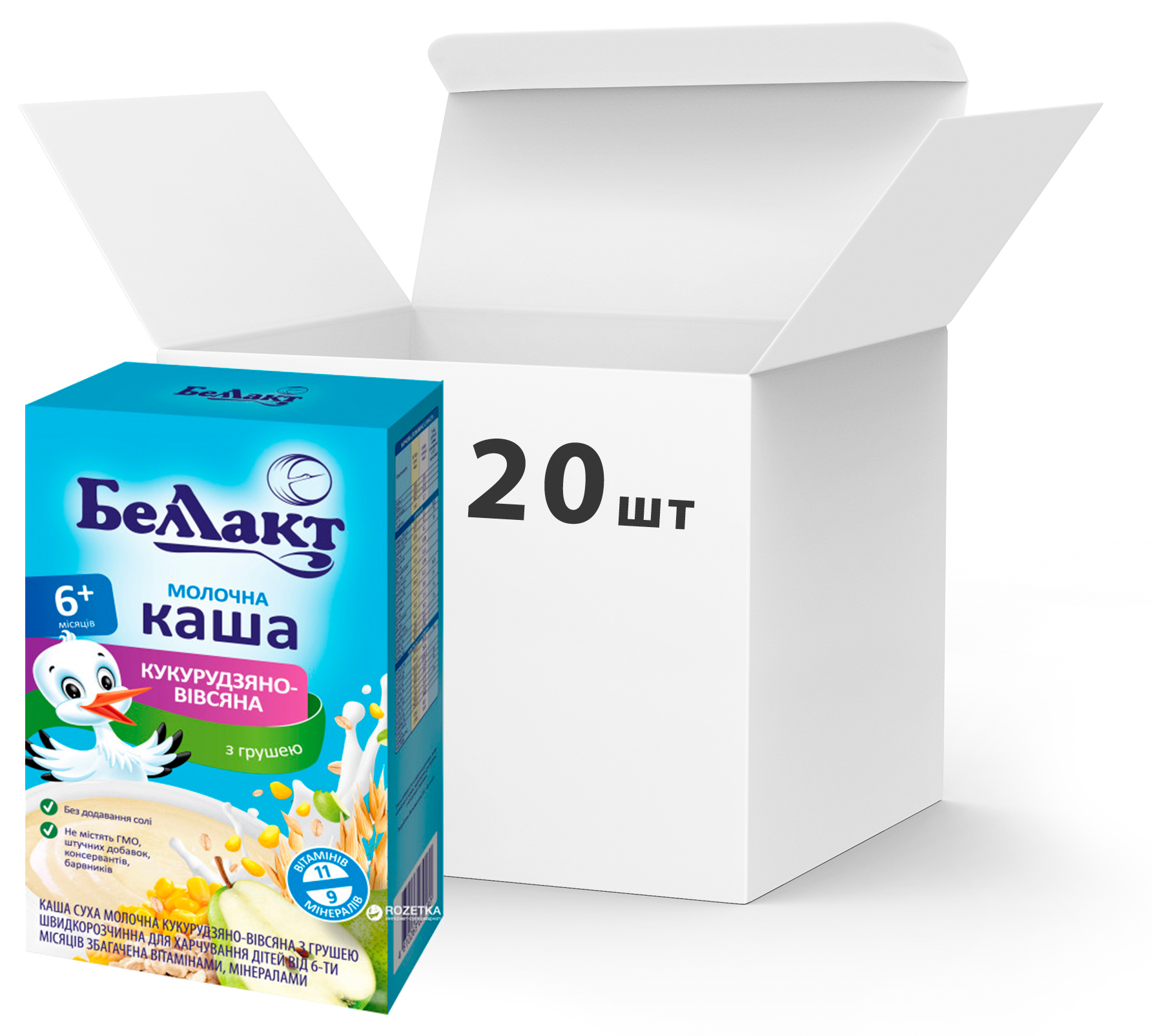 

Упаковка каш сухих молочных кукурузно-овсяных Беллакт с грушей с 6 месяцев 20 пачек по 200 г (4810263030173_20)